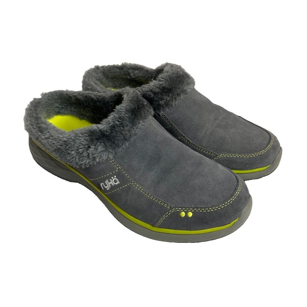 Ryka Luxury Suede Faux Fur Trim Mule Clogs Grey Lime Accent Women's Size 10 Wide